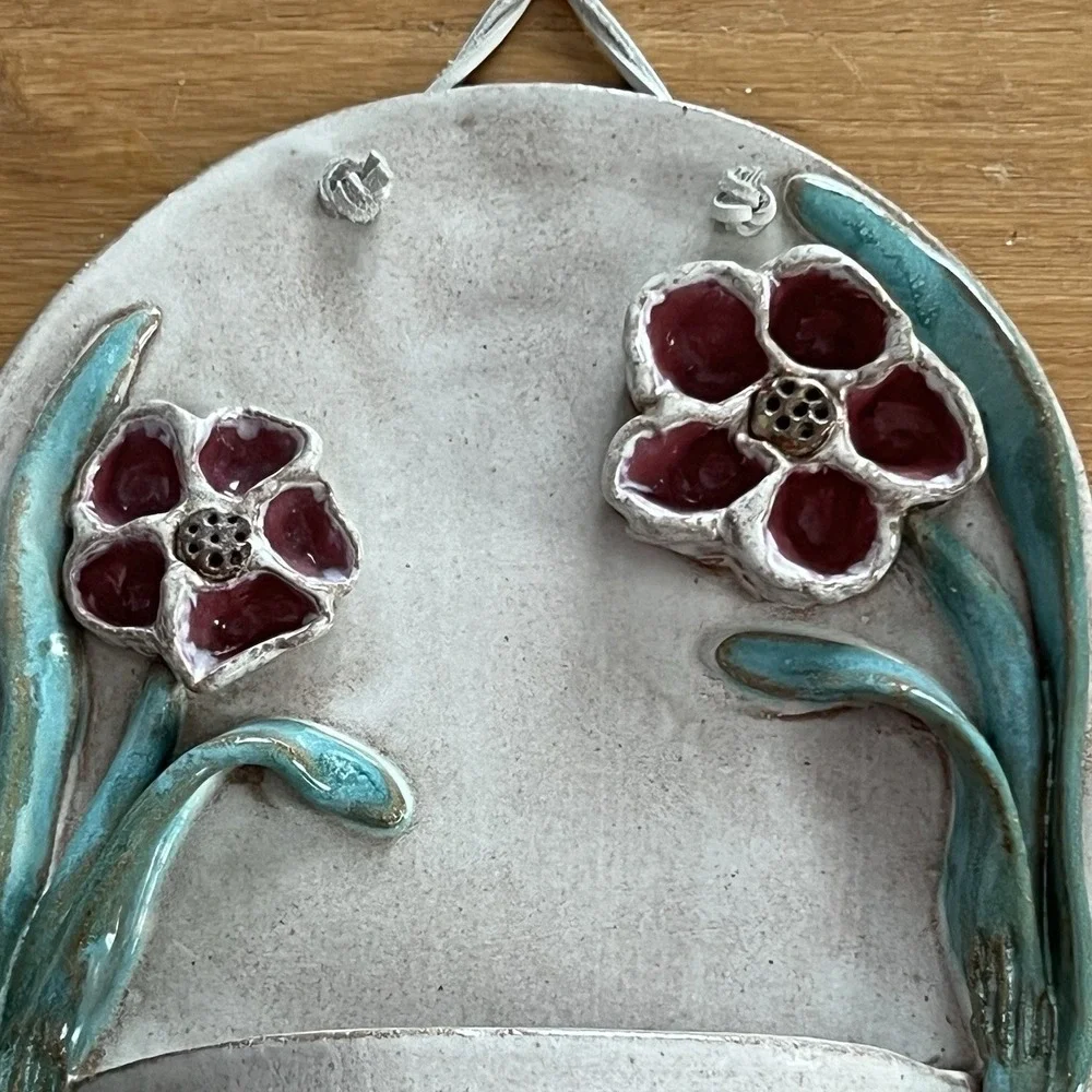 Handmade Studio Clay Art Wall Towel Holder 3D Floral Rack Rustic Artist Signed‎